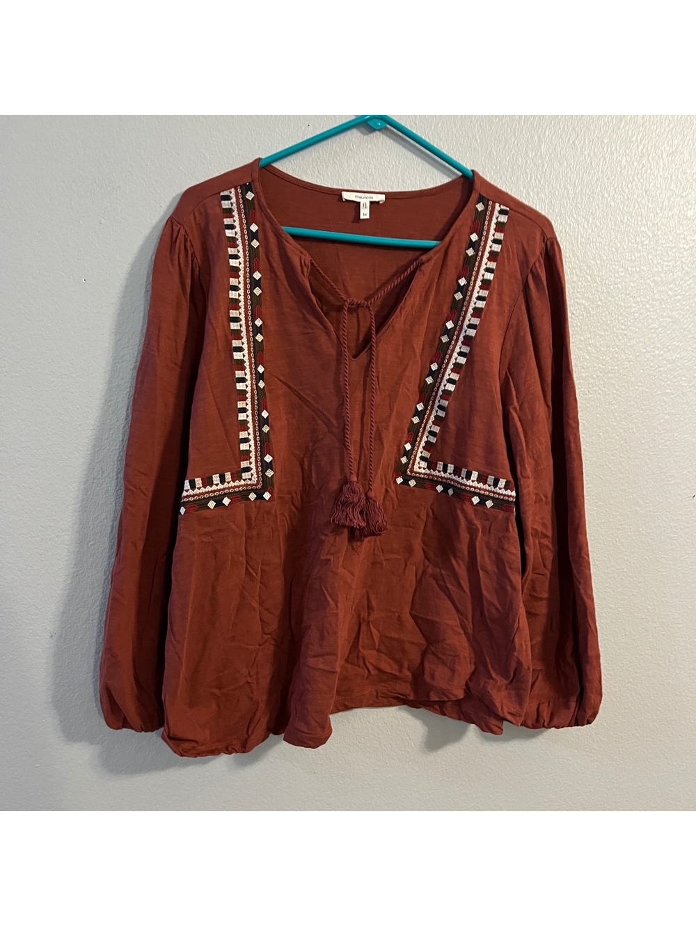 Maurices 1X Rust Embroidered Boho Peasant Blouse Tassel Tie Long Sleeve Plus